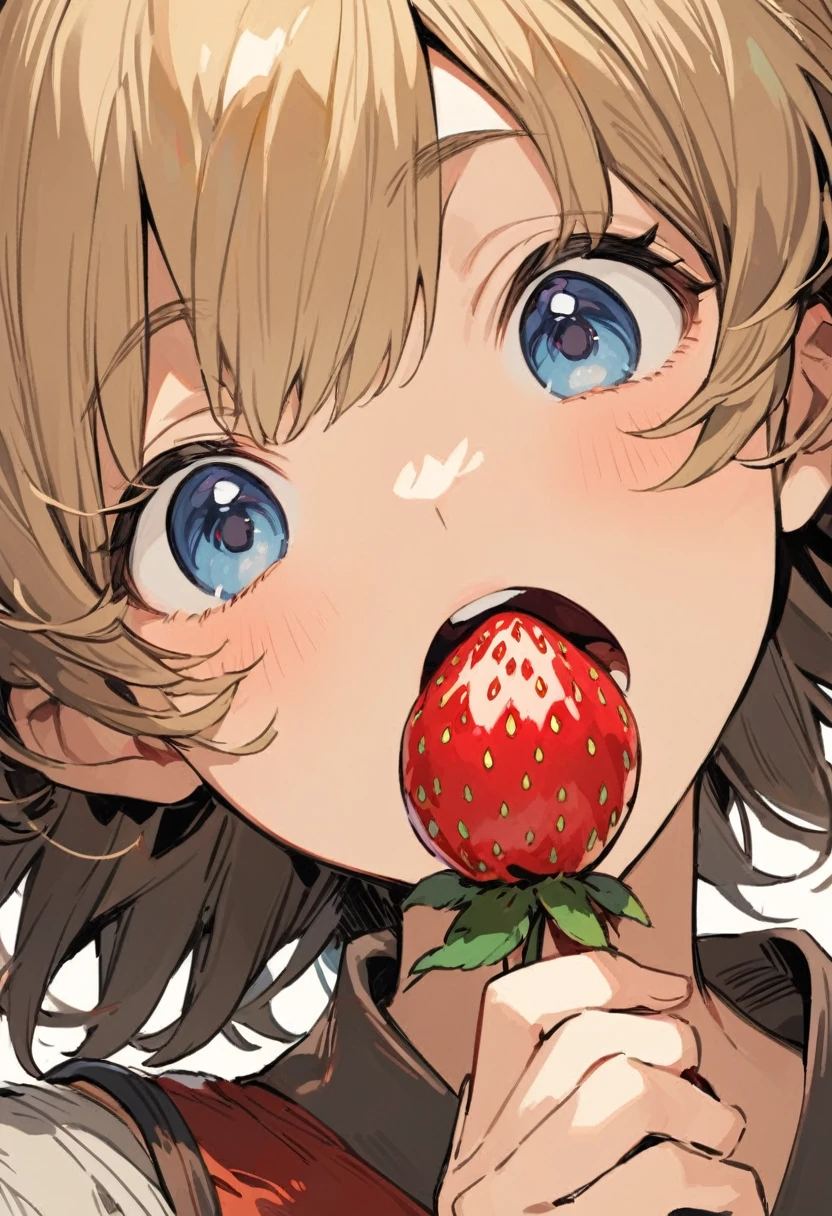 Ghibli, A girl is gazing longingly at a large strawberry with her mouth wide open, Face close-up