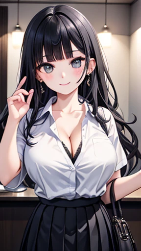 (8k、Best image quality、Highest quality、masterpiece)、Detailed face、One Girl、Improve、Black Hair、((Blunt bangs))、Long Wavy Hair、Grey Eyes、smile、Earrings、((Very large breasts))、((White shirt))、Cleavage、Short sleeve、((Black pleated skirt))、Cowboy Shot、((night))、Love Hotel Guy、scenery、Japan、over the counter