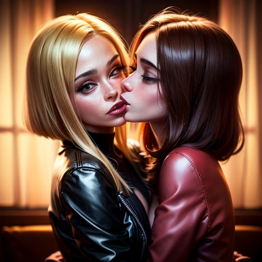 a passionate intimate moment between two beautiful women, 1girl, 1girl, blonde woman, brunette woman, black leather jacket, burgundy pleated leather skirt, leather gloves, leather pants, holding from behind, kissing, sensual, erotic, romantic, intimate, (best quality,4k,8k,highres,masterpiece:1.2),ultra-detailed,(realistic,photorealistic,photo-realistic:1.37),vivid colors,dramatic lighting