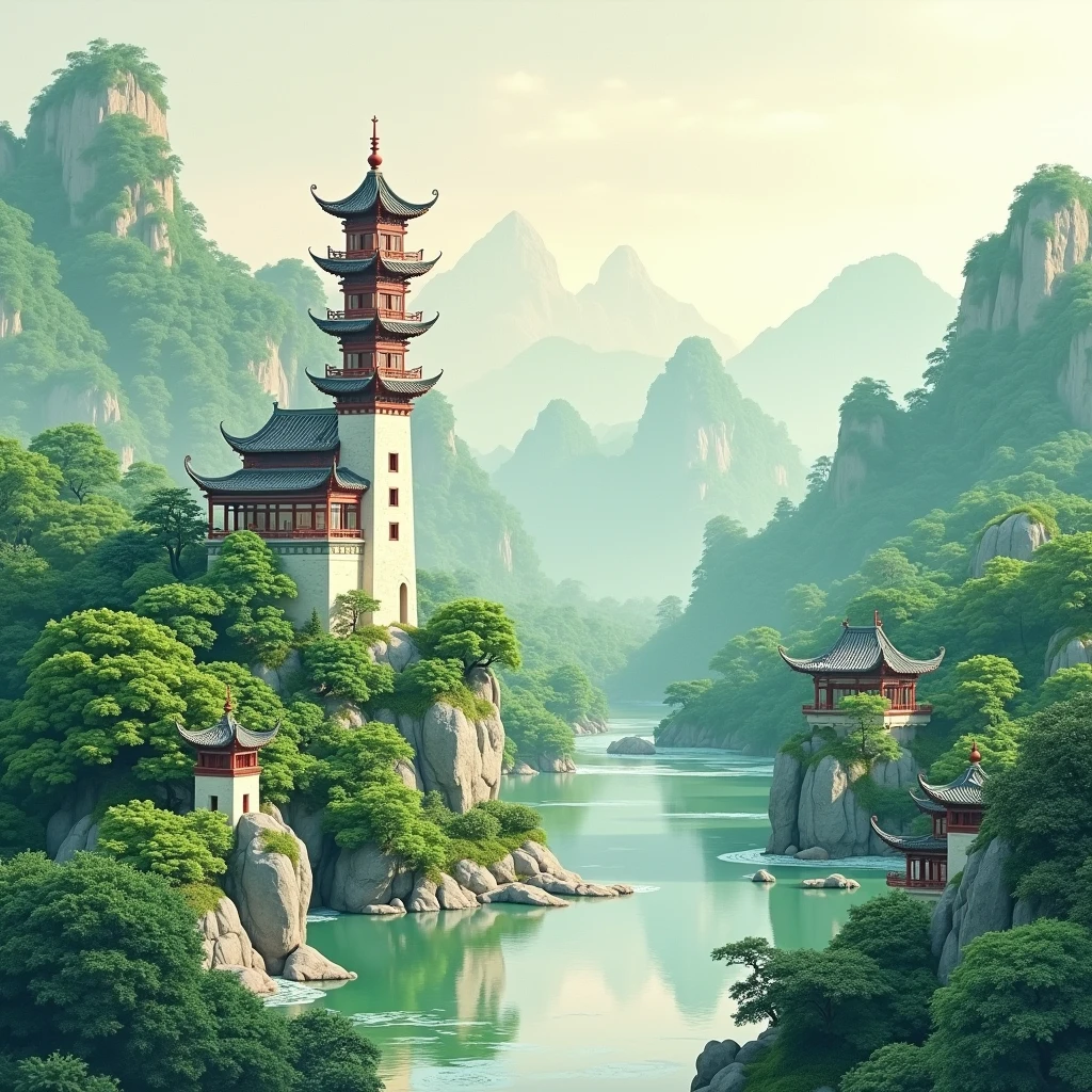 Summer scenery, dense forests, pavilions, Wenchang Tower, white-bottomed Chinese paintings, green, paper illustrations: 2, 3D bas-relief, 8K, high-definition.