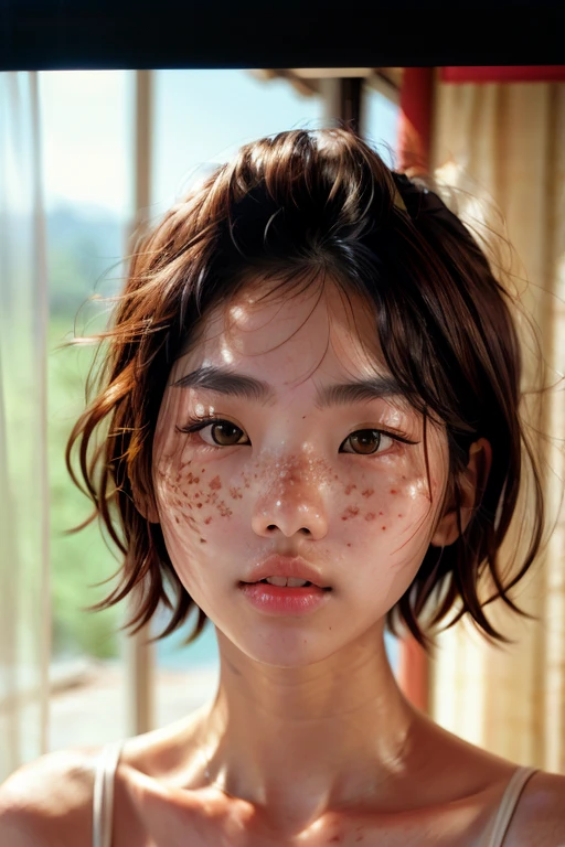 a beautiful japanese college girl with some freckles on her face inspired by hamada hideyaki shot by contax g1 with portra 800 film roll, ((short hair)), ((medium shot:1.5))