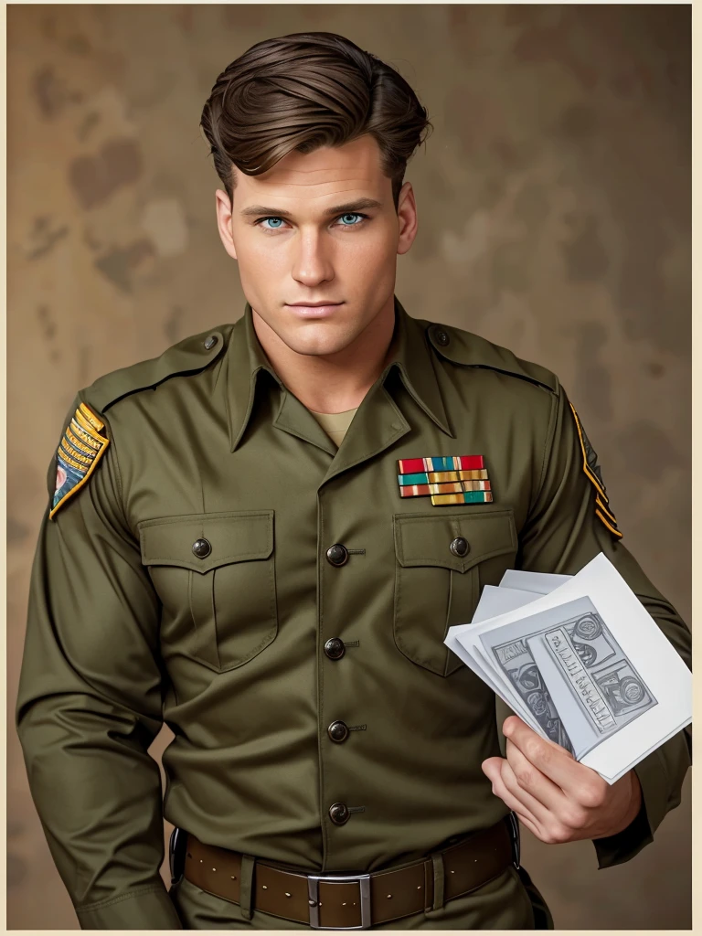 Illustration in Leyendecker style: The Lieutenant was a hunk. Just under 6 foot with brown hair and green eyes he had a toned body that weighed just over 170 pounds. His face and hands had the desert tan of the middle east. The Corporal who checked him in at the Base Adjutant's office looked him over and thought how much he would have liked to roll with the Lieutenant in the sack! Those deep green eyes and that great looking package really turned the Corporal on!