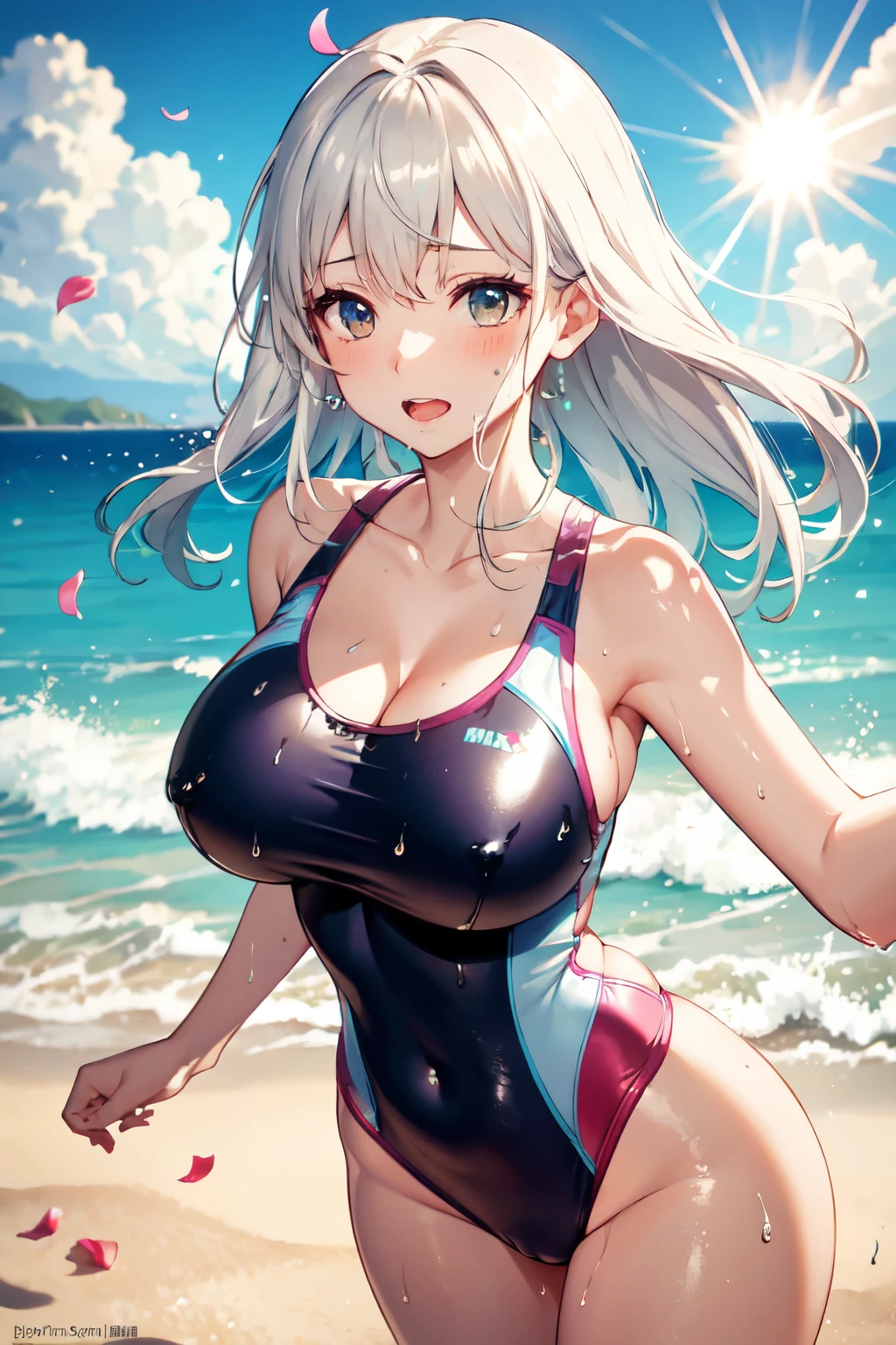 Highest quality, Great quality, 16K, Unbelievably absurd, Very detailed, delicate and dynamic, Natural light, Particles reflect light, Diffuse reflection of light, Many rainbow-colored petals fall, Beautiful sandy beach, Shining Sun, Diffuse reflection of light, Create amazing image effects, , Wet, sweating, receive, close(Cute y girl, A large, swaying bust, Sensual expression, Cool girl, Severe, passion, dynamic, Flashy swimsuit, ,audience , much-air-laden cheer)