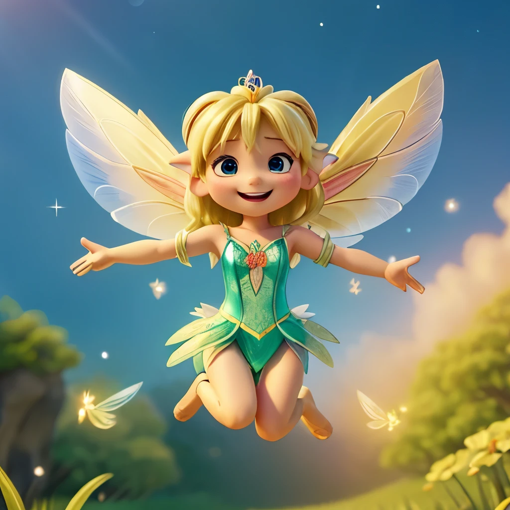 Detailed face、Tinkerbell、Blonde、Fairy with feathers、、Reveal clothing、fly in the sky、((whole body))、((Dynamic happy pose))、((Very happy expression:1.1))、Pointed Ears、Long limbs、((Raise your arms and jump))