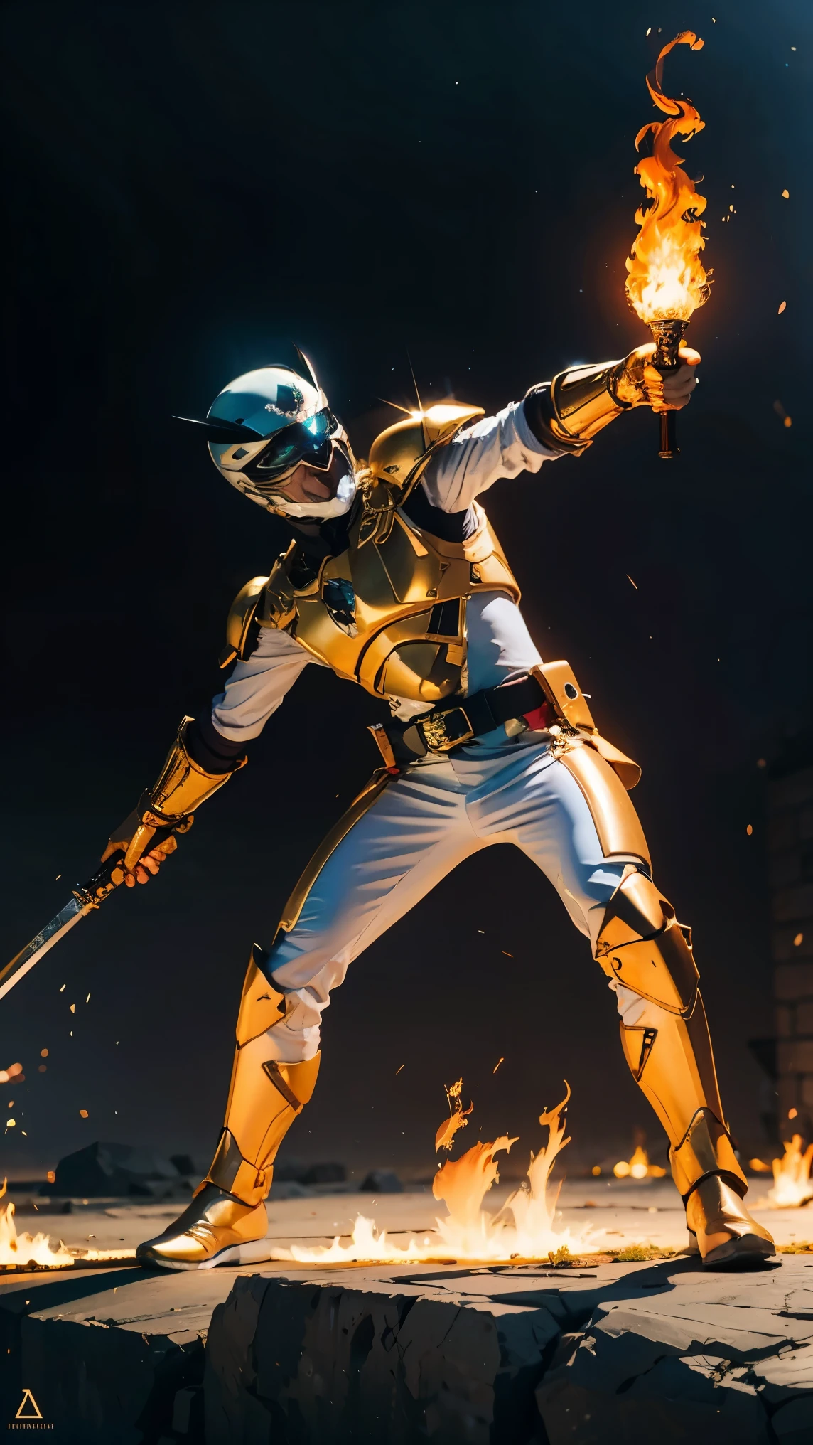 1boy, white, full body, Illustration, cinematic light, high resolution, best quality, ultra detailed, masterpiece, power suit, powerranger, suit, spd, (silver royal guard ranger suit), gold detail, holding white pistol, flowing, light armor,  martial arts, dynamics, flames, particles