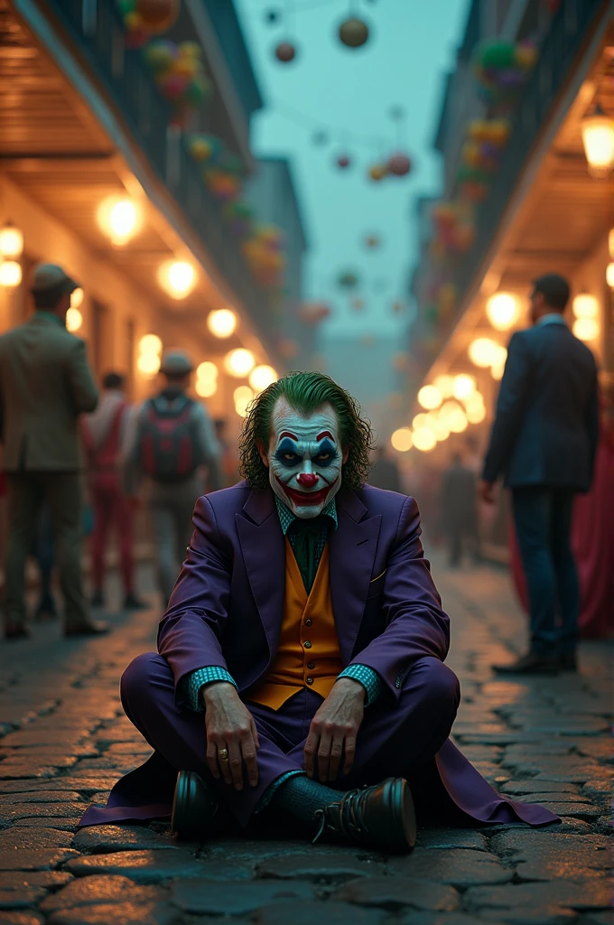 The Joker, appearing lonely and depressed after the death of Batman. He is sitting in the middle of Bourbon Street. It’s the first night of Mardi Gras and parade goers pass him with curious expressions.