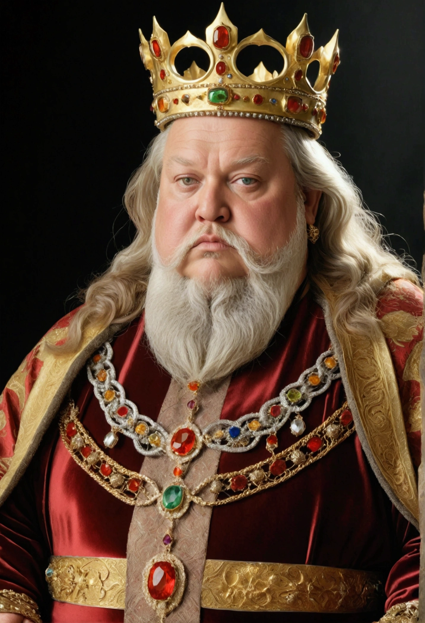 Medieval king, old, 55, corrupt and morbidly obese, small eyes deep in face, small mouth and a large beard. He dresses in silk and satin, bright and rich, and wore rings and chains of gold and gemstones. Wears a crown of red gold, huge and heavy, each of its points a dragon's head with gemstones