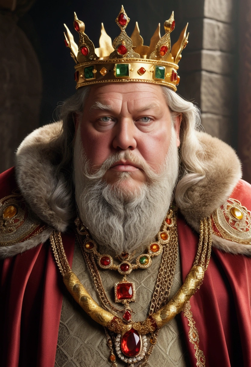 Medieval king, old, 55, corrupt and morbidly obese, small eyes deep in face, small mouth and a large beard. He dresses in silk and satin, bright and rich, and wore rings and chains of gold and gemstones. Wears a crown of red gold, huge and heavy, each of its points a dragon's head with gemstones