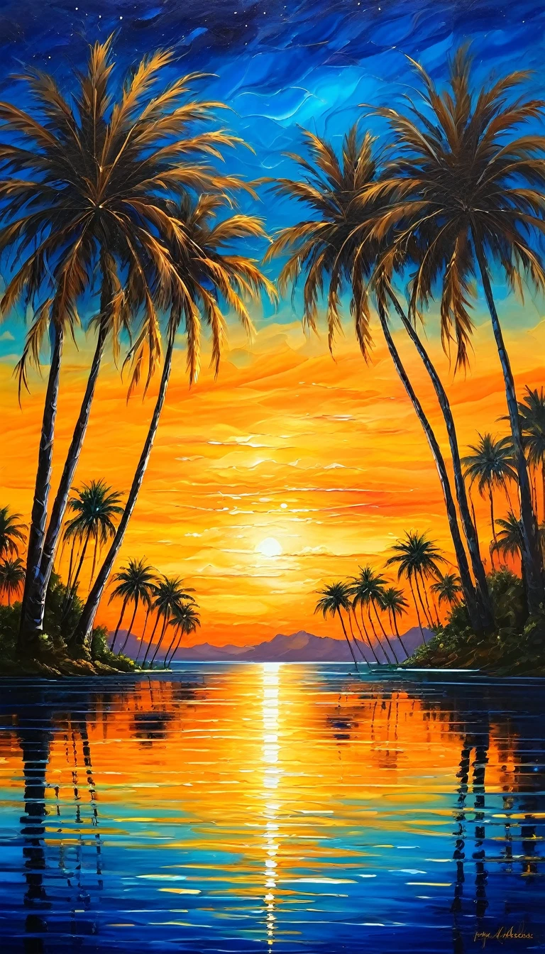A breathtaking landscape painting that captures the essence of a celestial dance. The scene features towering palm trees silhouetted against a sky that transitions from deep azure to vibrant amber and gold hues. The palm trees are elegantly mirrored in the rippling waters below, creating a sense of balance and harmony. The interplay of light and shadow creates a tranquil symphony, with nature's timeless embrace unfolding in an abstract, serene harmony.