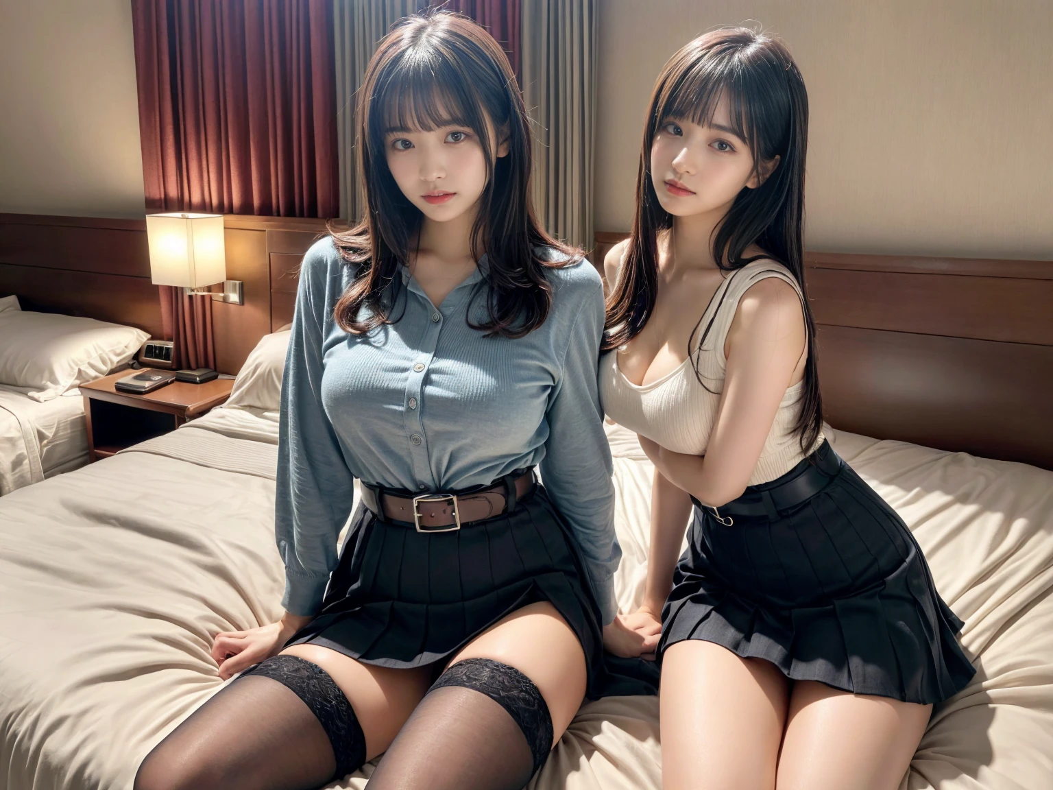 masterpiece, best quality, illustration, Super detailed, fine details, High resolution, 8K,wall paper, perfect dynamic composition,(Details High quality, realistic depiction of eyes:1.3), (2 girls), holster, bobby, Cutter shirt, a belt, suspenders, pleated skirt, garterbelts, knee high Stockings, sitting, open legs, short bob hair, in a hotel room in the background, deep on field, large , black hair color, Big Natural Color Lip, (perfect body shape), crying a little、Harajuku style、20 year old girl、cute type、beautiful legs, Gravure Idol