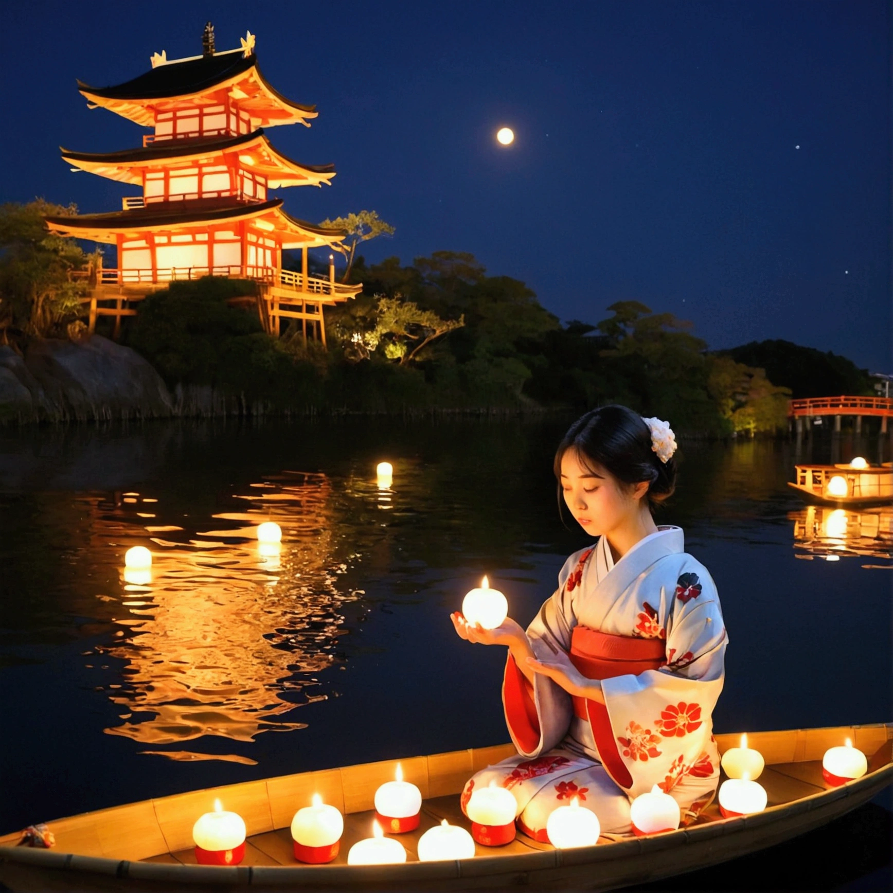 A river with a calm flow、Night Sky、Small lanterns with candles on them are floated down the river in bamboo boats.、A girl in a yukata praying with her hands together、In front of the Atomic Bomb Dome