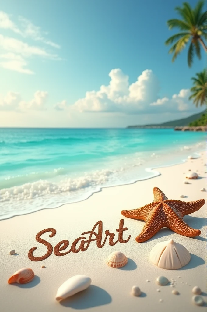 A serene and idyllic scene of a picturesque white sand beach, gently sloping towards the horizon, with calm and crystal-clear turquoise water lapping at the shore, where an array of sand dollars, some partially buried, others scattered on the surface, surround the handwritten message in elegant, cursive script "SeaArt" etched into the sand, accompanied by a majestic starfish, its delicate arms stretched out, positioned nearby, with a few scattered seashells and tiny pebbles adding texture to the pristine beach, beneath a cloudless sky with a few wispy cirrus clouds, set against a warm, golden hour light, casting a gentle glow on the entire scene.