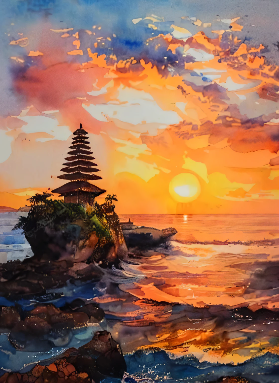 a water color painting of a sunset over the ocean with a small island in the foreground, water color paintings, water color painting 4k, water color painting hue, water color painting style, inspired by Patrick Ching, water color paint style, 4 k water color painting, detailed water color painting, bali, tanah lot, inspired by I Ketut Soki