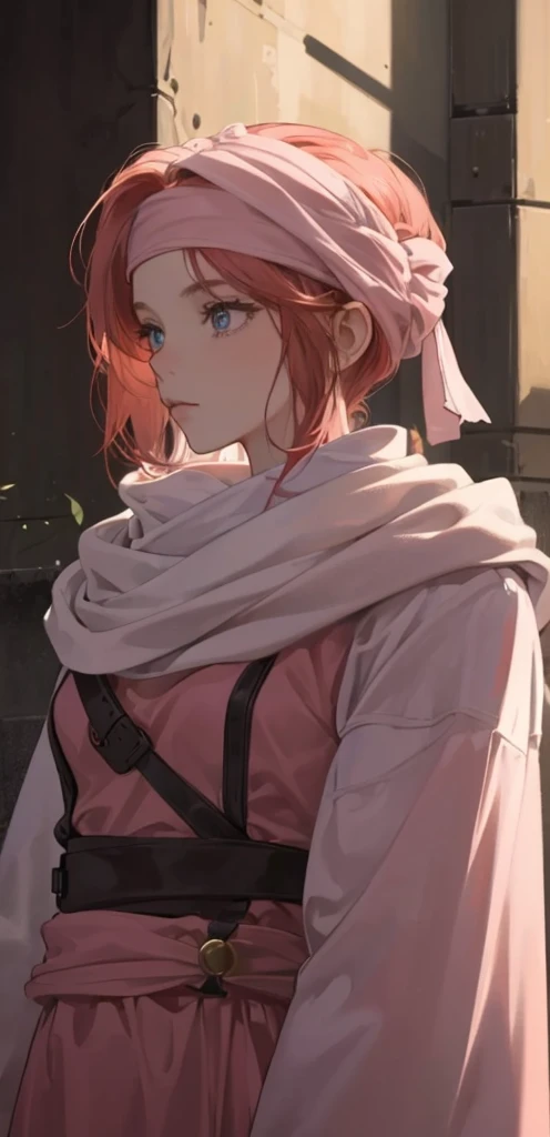 masterpiece), best quality, high resolution red hair 1girl medium hair standing alone cowl headband profile image looking at viewer beautiful eyes beautiful face extremely detailed pink clothing girly