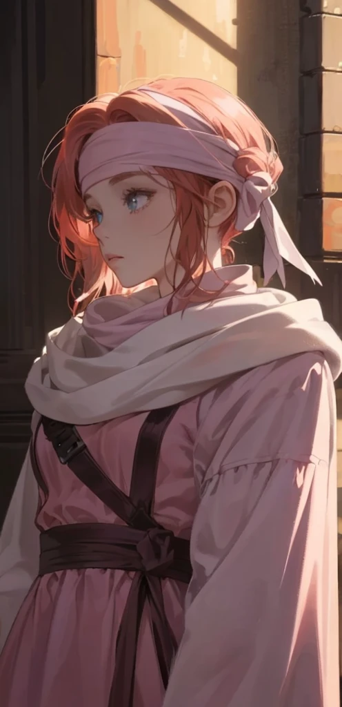 masterpiece), best quality, high resolution red hair 1girl medium hair standing alone cowl headband profile image looking at viewer beautiful eyes beautiful face extremely detailed pink clothing girly