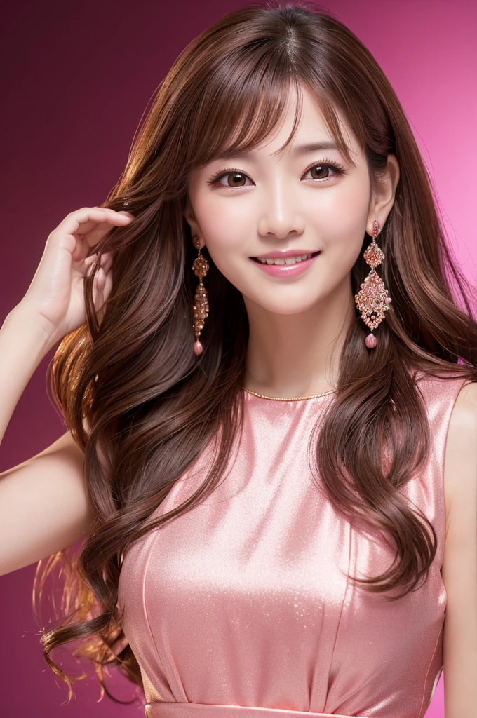 high resolution,smile,happy,light smile,woman,woman1人,adult,Clear,cute, pink brown hair,BREAK, Brown eyes,BREAK,wavy hair,long hair,BREAK, ((looking at viewer)), Black Chinese dress,BREAK, Sparkly earrings, Facing forward,BREAK,Pink background,