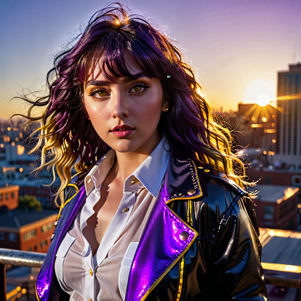 Young woman, intricate detail, masterpiece, best quality, extremly detailed,cinematic lighting, beautiful detailed glow, finely detailed beautiful face and eyes, 8k, dark intense shadows, yellow eyes, wavy hair, purple hair, bangs, floating hair, black jacket, open jacket, white unbuttoned shirt, expressionless, yellow necktie, black lifting skirt, spotlight, sunshine, sunrise, gradient sky, city, lens flare, cowboy shot, [[curvy]], [mature female]