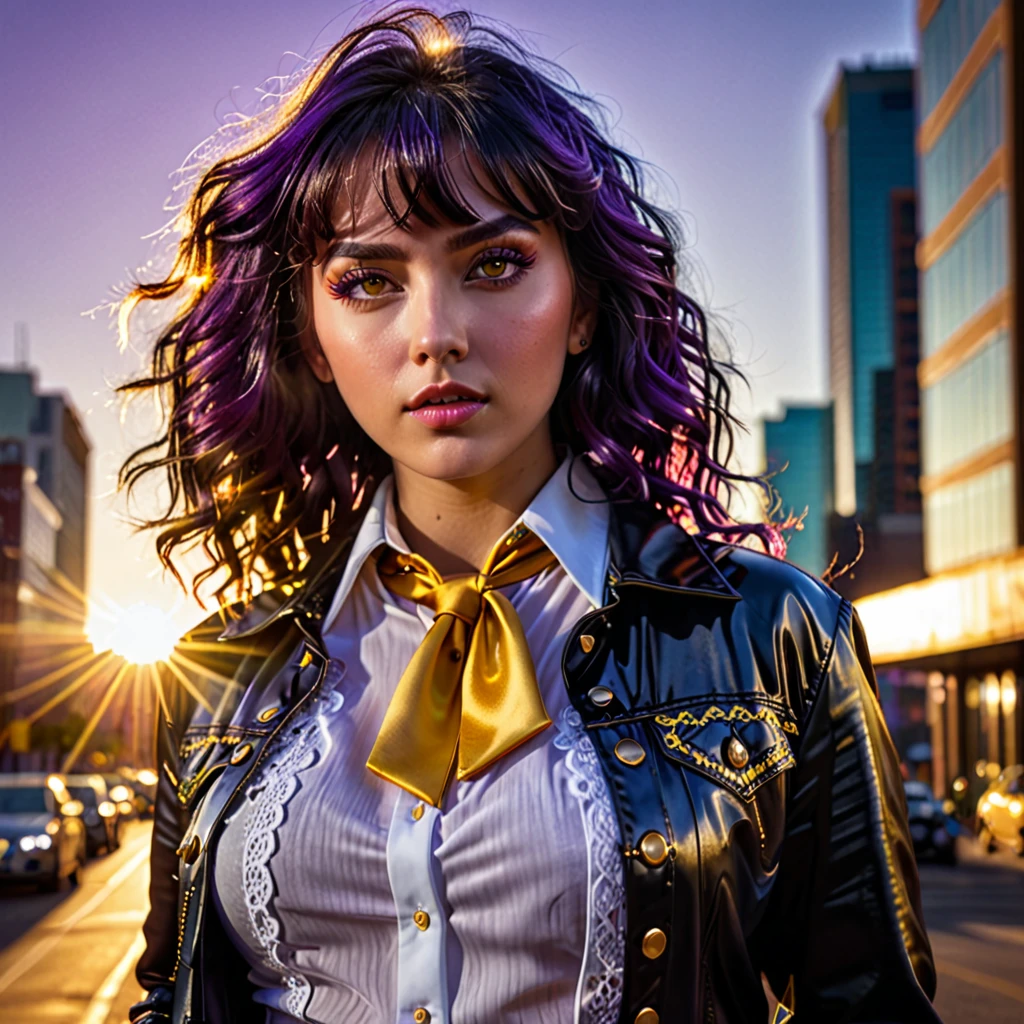 Young woman, intricate detail, masterpiece, best quality, extremly detailed,cinematic lighting, beautiful detailed glow, finely detailed beautiful face and eyes, 8k, dark intense shadows, yellow eyes, wavy hair, purple hair, bangs, floating hair, black jacket, open jacket, white unbuttoned shirt, expressionless, yellow necktie, black lifting skirt, spotlight, sunshine, sunrise, gradient sky, city, lens flare, cowboy shot, [[curvy]], [mature female]