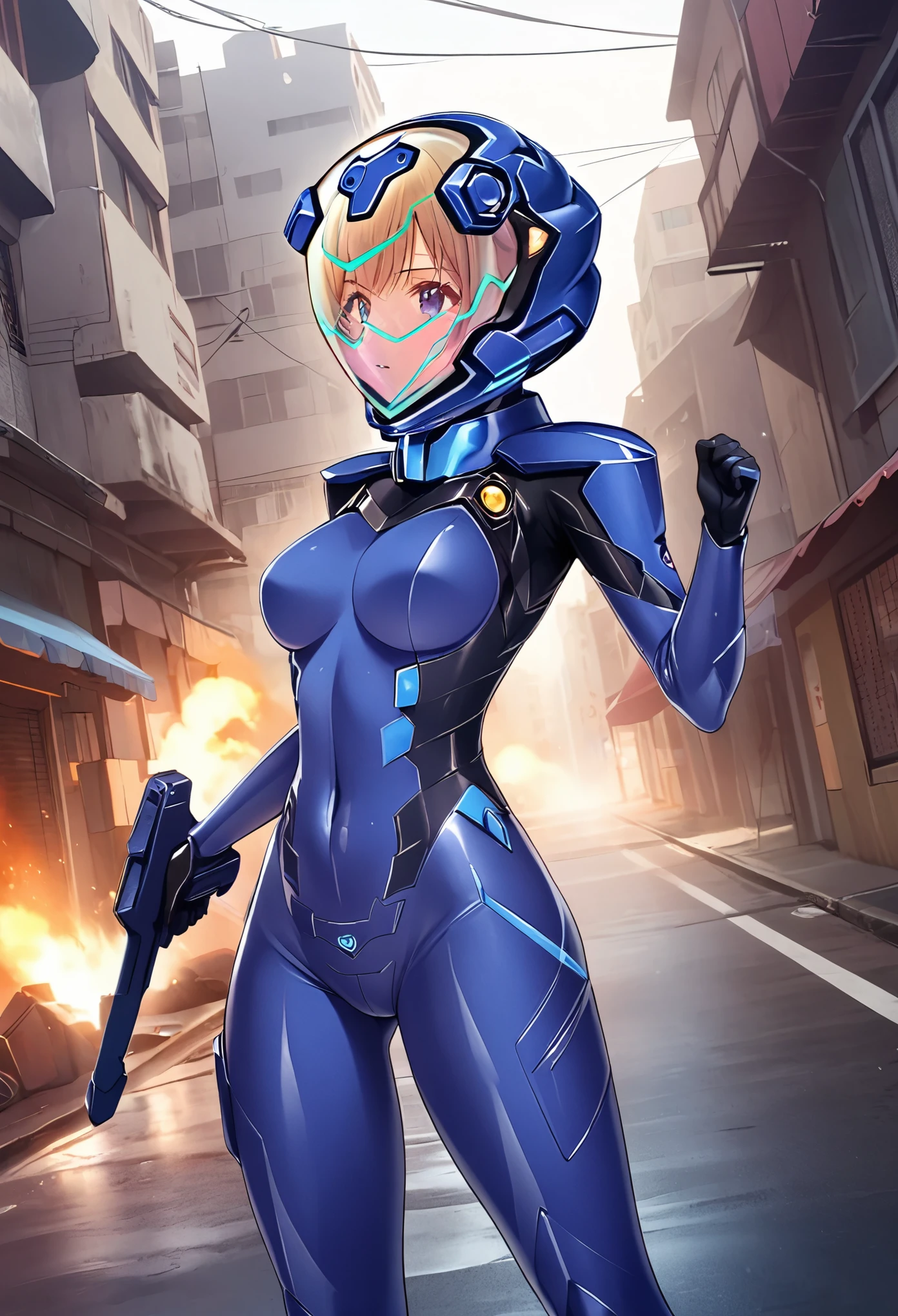 short hair, street, emo, gray hair, white eyes, eyeliner, apocalypse, (holding sword), astronaut, (fighting stance:1.6),  girl,    road, city,  fortified suit, ((blue:1.5) plugsuit), short hair, outdoors, cinematic light,  medium breasts, covered navel, space helmet, muvluv, space helm, 