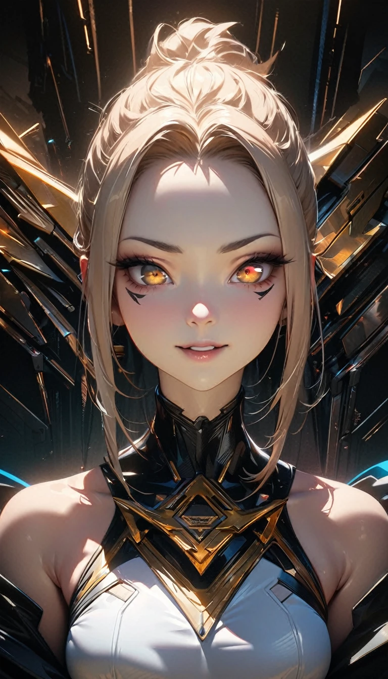 (high quality, 8k, 4K, High Contrast, masterpiece:1.2, 最high quality, Best aesthetics), 1 female, (Realistic skin texture:1.3),Optimal,masterpiece,High resolution,最high quality,Hyper HD,Super Detail,Awards,16K,solo,((Upper body)),((Broke Tomical Correct,Beautiful Cyberpunk Girl,Cute Face,,Gradient Beige Hair,Hairline,((Dark golden eyes)),Long eyelashes,Drooping eye corners,Fair skin,(Small breasts),(slim),((Women's Extra Short Shawl Leather Jacket)),((goth style,racer_Bitch Suit)),(()),Earrings,(Neck strap),(Laser material clothing:1.2)