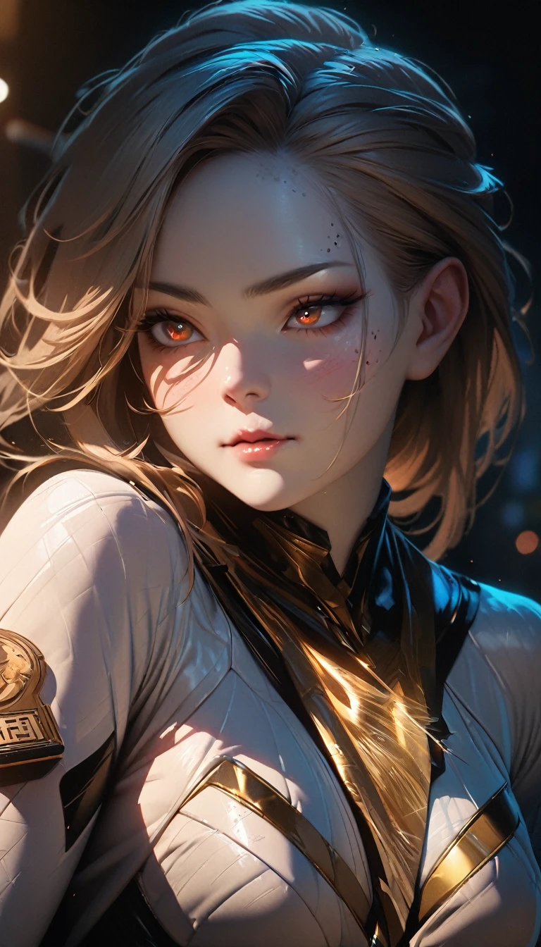 (high quality, 8k, 4K, High Contrast, masterpiece:1.2, 最high quality, Best aesthetics), 1 female, (Realistic skin texture:1.3),Optimal,masterpiece,High resolution,最high quality,Hyper HD,Super Detail,Awards,16K,solo,((Upper body)),((Broke Tomical Correct,Beautiful Cyberpunk Girl,Cute Face,,Gradient Beige Hair,Hairline,((Dark golden eyes)),Long eyelashes,Drooping eye corners,Fair skin,(Small breasts),(slim),((Women's Extra Short Shawl Leather Jacket)),((goth style,racer_Bitch Suit)),Earrings,(Neck strap),(Laser material clothing:1.2), rtrophto1,