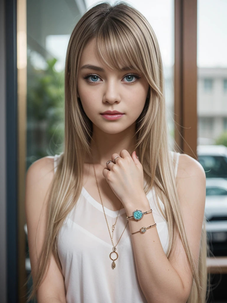 22 year old white female、Hair color is platinum 、blue eyes、long hair、straight hair、accessories on wrist、I&#39;m wearing a choker、skin is smooth、smile、Slender but muscular body、My heart is pounding、smile、wearing a plunging neck dress、wearing red high heels、Sitting in the middle of the stone steps in the old town, resting on his chin.