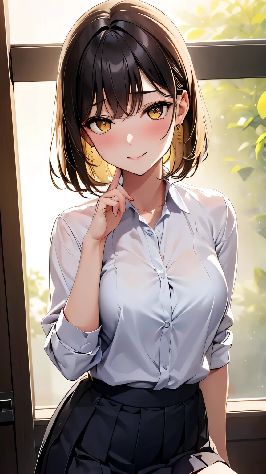 Highest quality, Soft Light, Ultra-high resolution,People Girls, alone, sexy, (A shy smile), (Yellow Eyes), Beautiful face in every detail,(High resolution detail of human skin texture), (Medium Hair),tie,Dress shirt,Short pleated skirt,panties,(Sweat:1.2),(masterpiece:1.3),(Realistic:1.2),(Open your mouth:1.1),Turn your butt towards the viewer