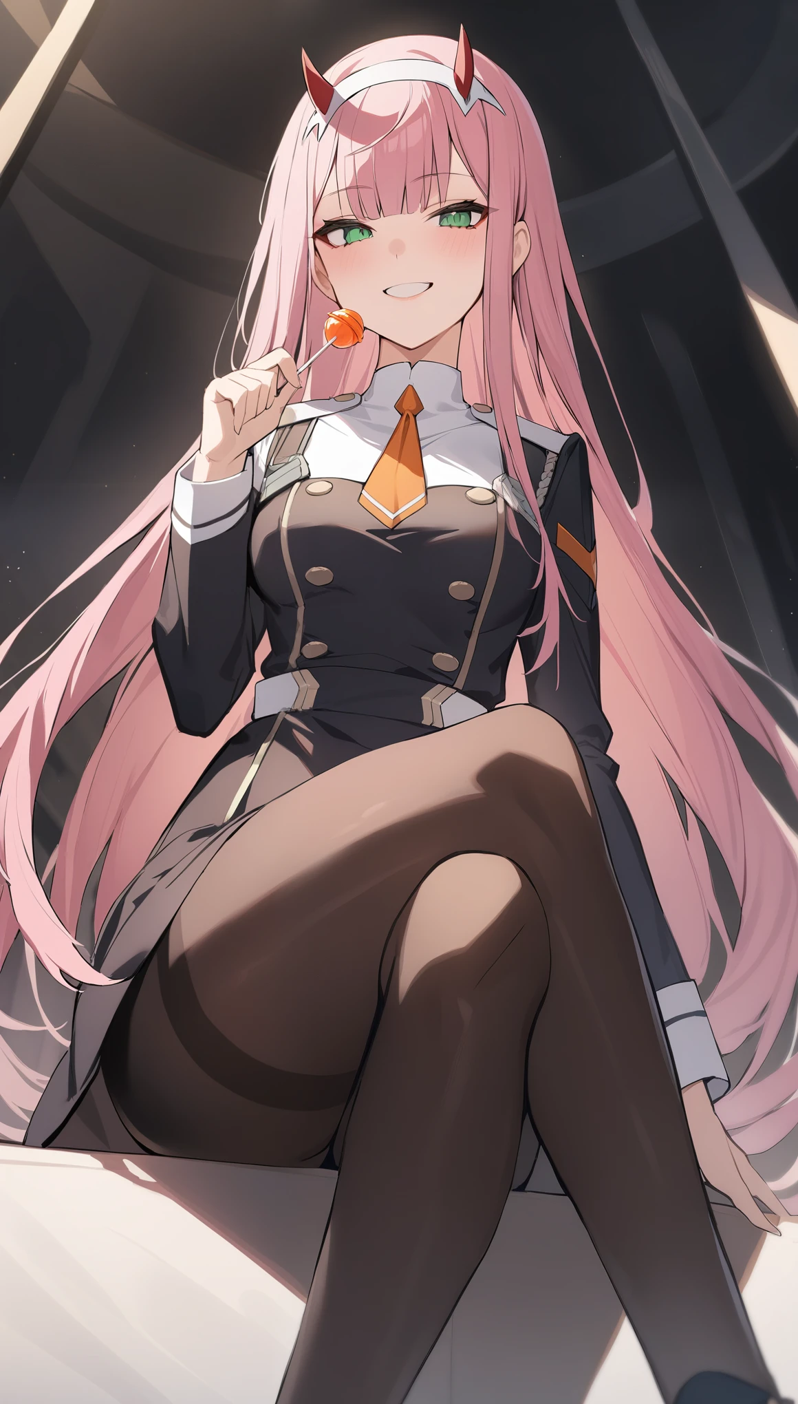 masterpiece, best qualityï¼ 1girl, zero_two_\(darling_in_the_franxx\), long_hair, solo, pink_hair, lollipop, candy, pantyhose, horns, food, green_eyes, hairband, smile, white_hairband, black_pantyhose, crossed_legs, looking_at_viewer, boots, sitting, holding, uniform, holding_candy, white_footwear, necktie, bangs, holding_food, military_uniform, military, short_necktie, holding_lollipop, very_long_hair, invisible_chair, orange_necktie, long_sleeves, grin