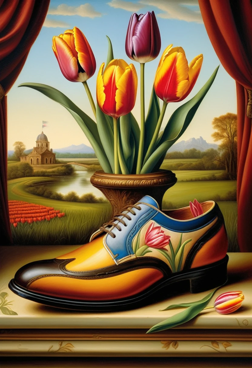 surreal illustration by Kevin Sloan, oil painting, Beautiful tulips in a torn old shoe, against the background of Renaissance wildlife
((Kevin Sloan style)) ,((Hyper-realistic)), Kevin Sloan gradient, Complex details, Intricate, aesthetics, ((best quality, Masterpiece)),
((Highest detail), Octane rendering, hd, f/2.8, 8K