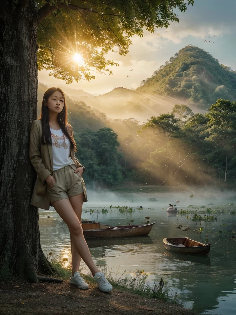 Professional photography of a Korean woman with long hair wearing a long casual blazer and white t-shirt with shorts, standing leaning against a tree, on the edge of a lake with a peaceful forest view in the morning. Sunlight penetrated the dense canopy of trees, emitting golden light that illuminated the misty atmosphere. Warm orange sunlight radiates beautifully from the sun hidden behind the dense trees, reflecting on the calm water below, birds circling around it, wooden boats, lotus flowers creating a mirror effect. The mountain with its lush green trees stands tall and majestic from a distance, striking a charming pose