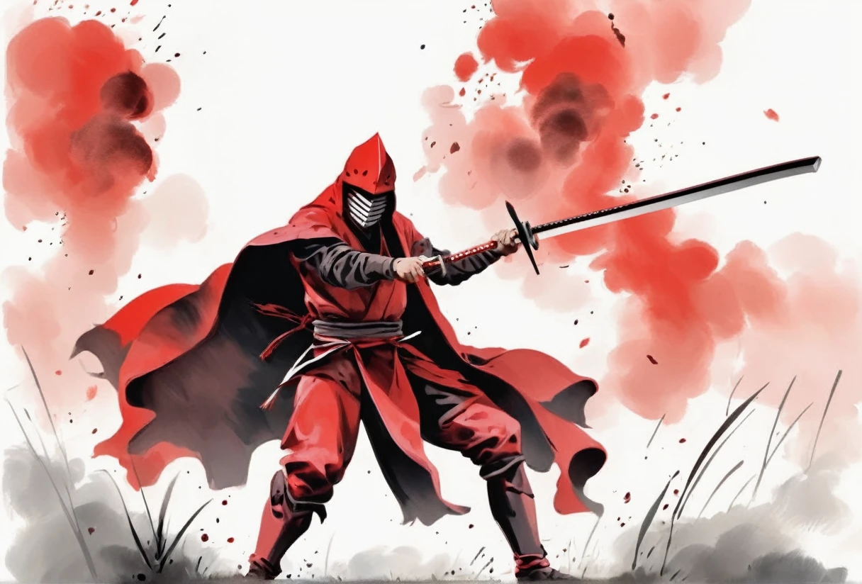 Haute qualité, réaliste. Un samouraï dans un masque rouge démoniaque sur le champ de bataille fait une balançoire avec un katana qui crée un anneau de feu qui siffle autour