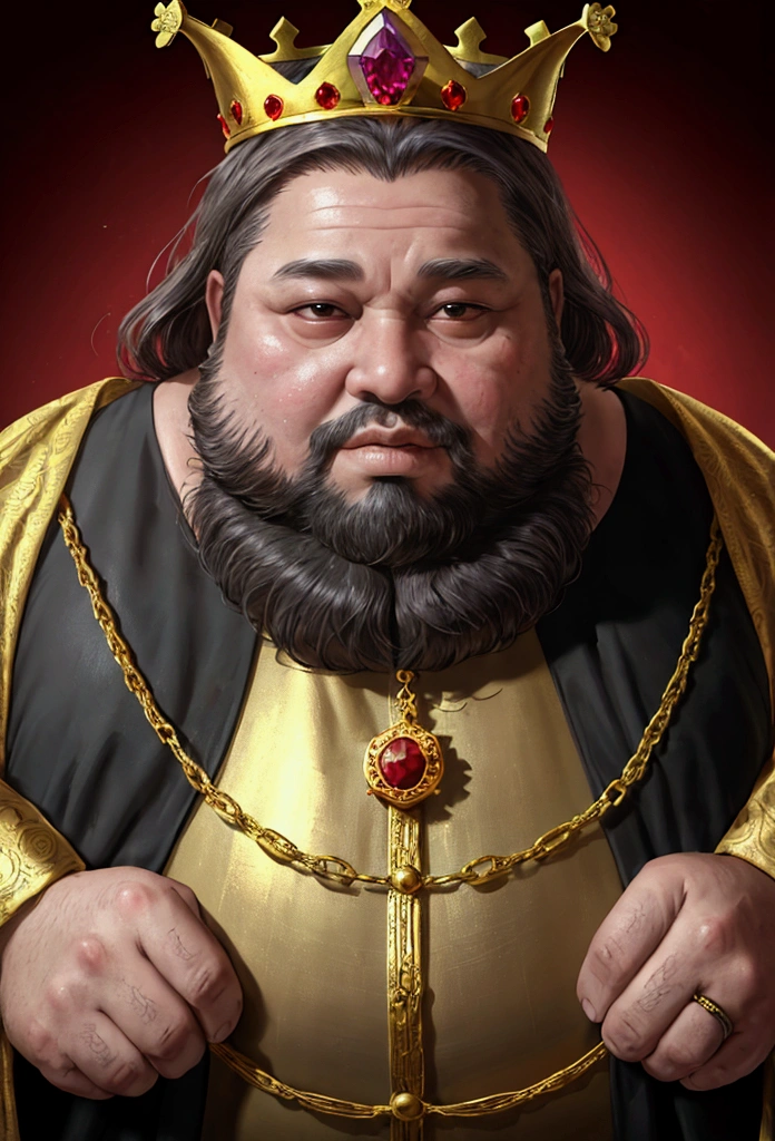 Medieval king, old, 55, corrupt and morbidly obese, small eyes buried deep in his face, small mouth and a large thick beard. He dresses in silk and satin, bright and rich, and wore rings and chains of gold and gemstones. Wears a crown of red gold, huge and heavy. His crown is ornamented with small dragon figures