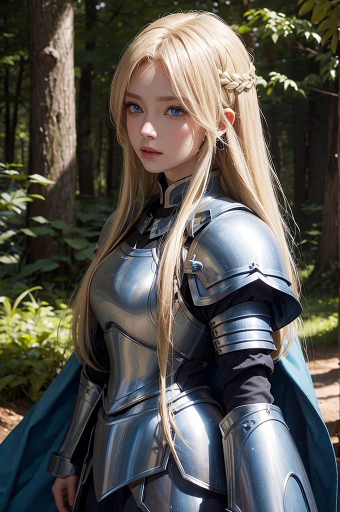 1 woman, blond long hair, blue eyes, wearing silver armor, knight, in the forest