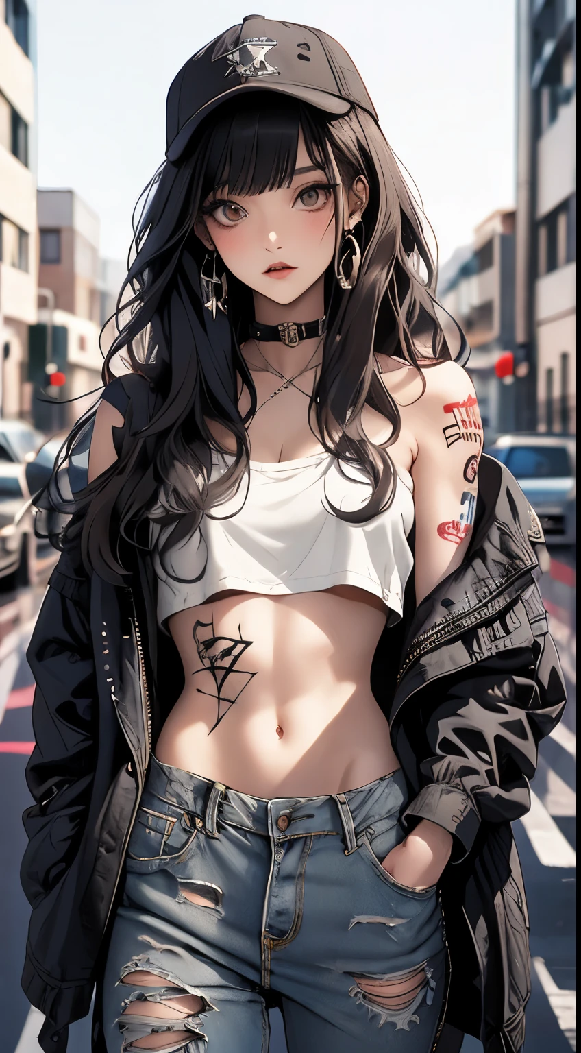 ​masterpiece, highest quality, pixiv, Cool girl, the strongest pirate girl, topless, Lips in love, dark brown hair, Curly hairs, blunt bangs, straight bangs, gray eyes, White skin, Girl, improve, Graffiti-Stil, Cool, villain, Böses Girl, tattoo, wears red binnie