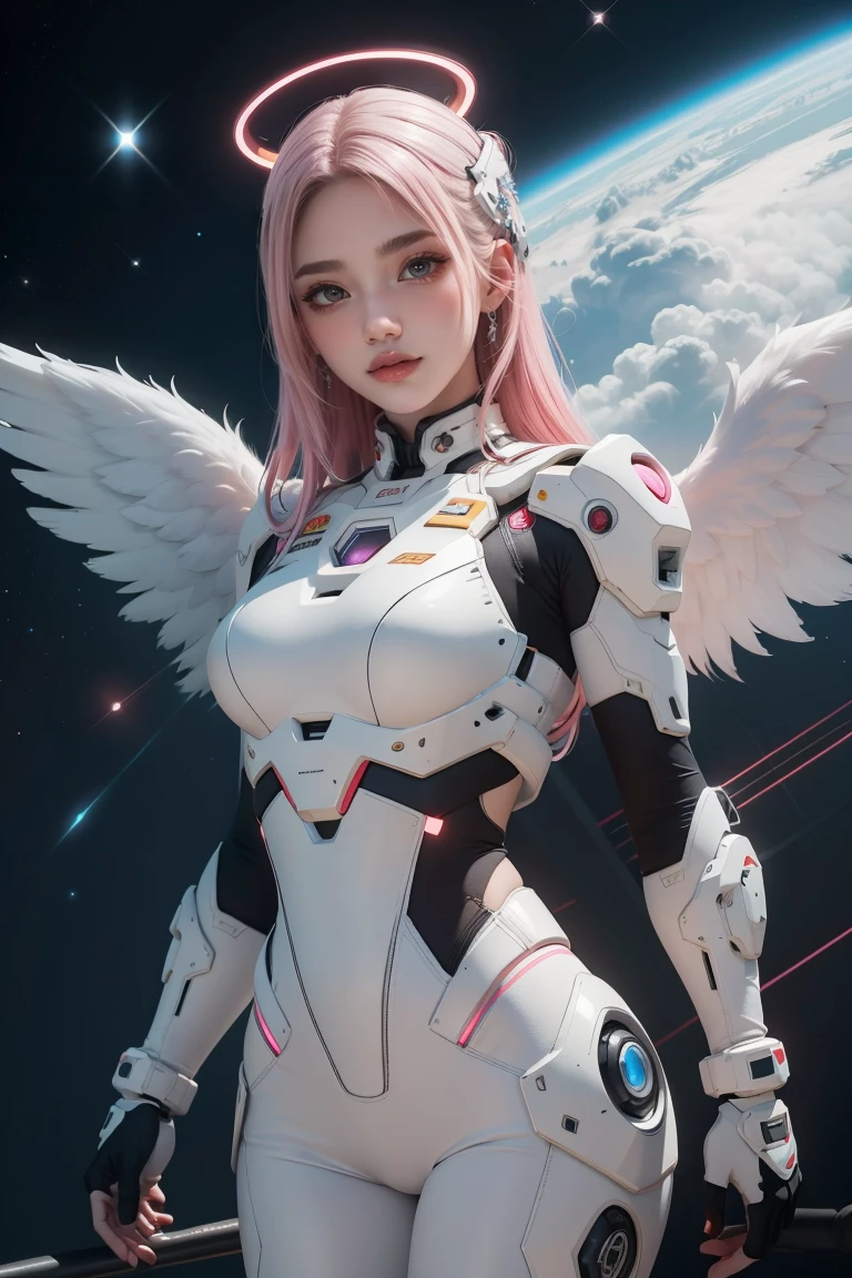 ((masterpiece, best quality, extremely detailed), volumetric lighting, ambient occlusion, colorful, glowing), 1girl, solo, young girl, (pink hair), long hair, halo, aura, sacred, godness, cyber suit, (white outfit:1.3), android, bot, angel wings, outdoors, sunset, sky, clouds, space, (cyberpunk theme:1.2),