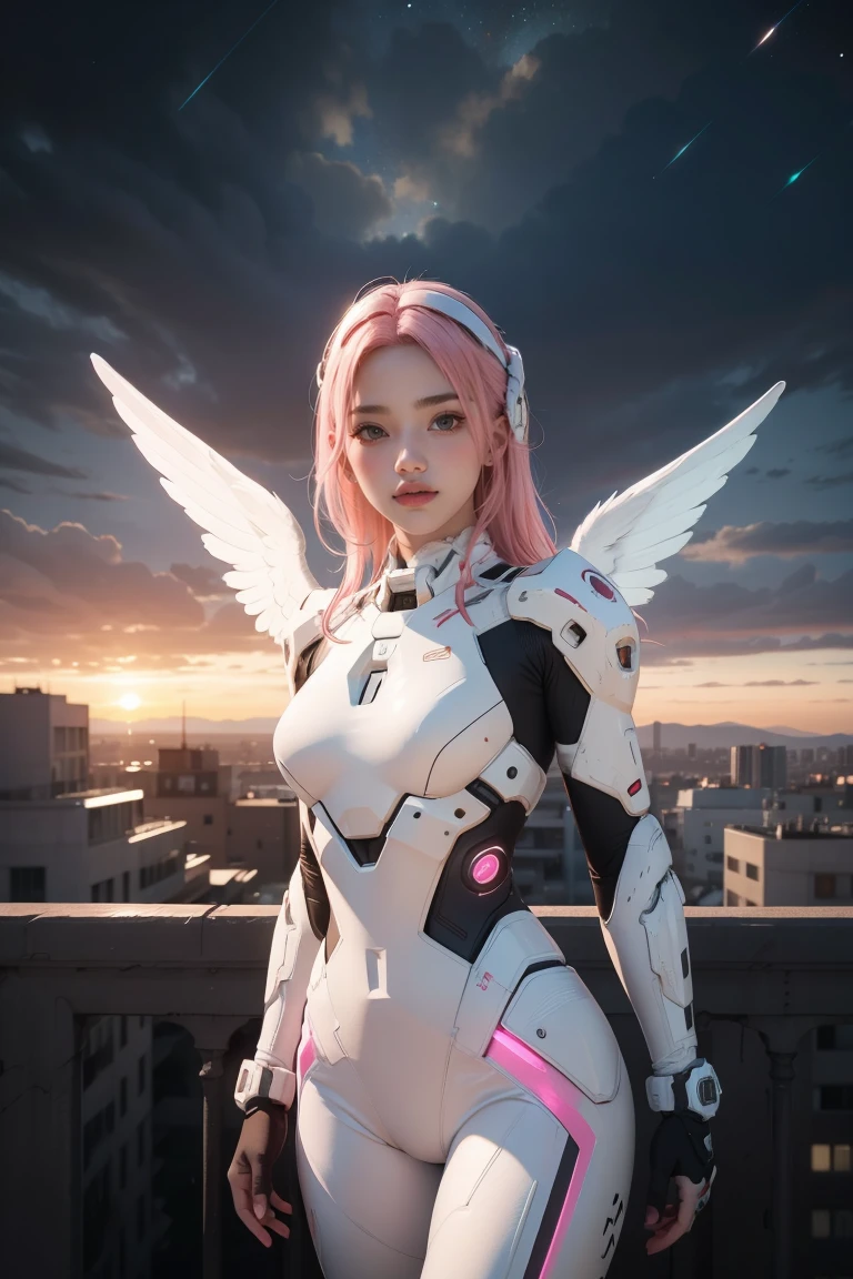 ((masterpiece, best quality, extremely detailed), volumetric lighting, ambient occlusion, colorful, glowing), 1girl, solo, young girl, (pink hair), long hair, halo, aura, sacred, godness, cyber suit, (white outfit:1.3), android, bot, angel wings, outdoors, sunset, sky, clouds, space, (cyberpunk theme:1.2),