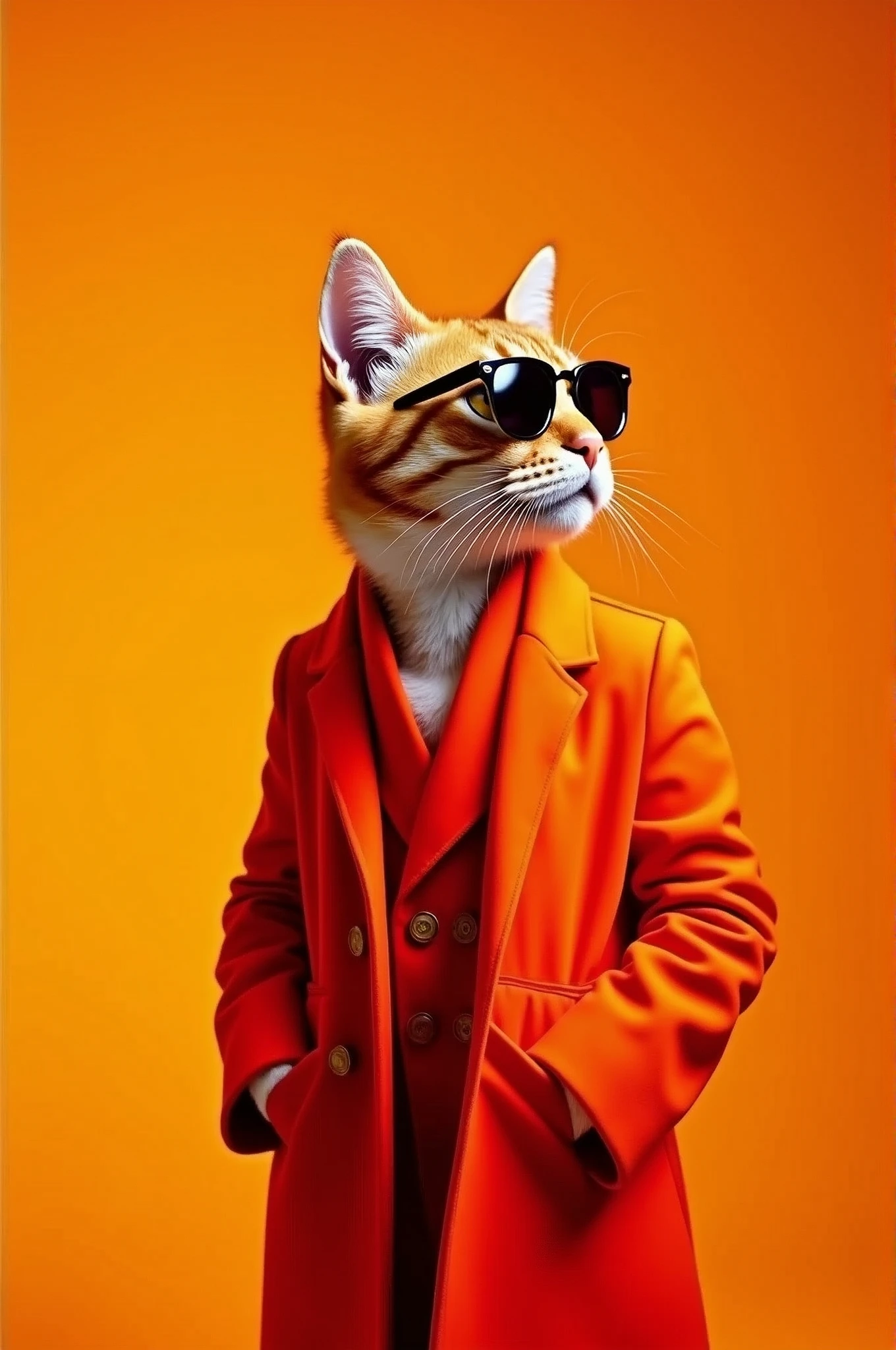 The best mobile wallpaper, Award-winning wallpaper, Portrait Photography, In front view is a portrait of a cute cat wearing 1960s mid-century space-age fashion, Side view shot, Shot with Canon EOS R5, Setting a stark contrast that accentuates the subject, Fluorescent orange shade, Wearing a very fashionable lounge coat and sunglasses are a hip 1960s style, Clothing all in one color, Beautiful background