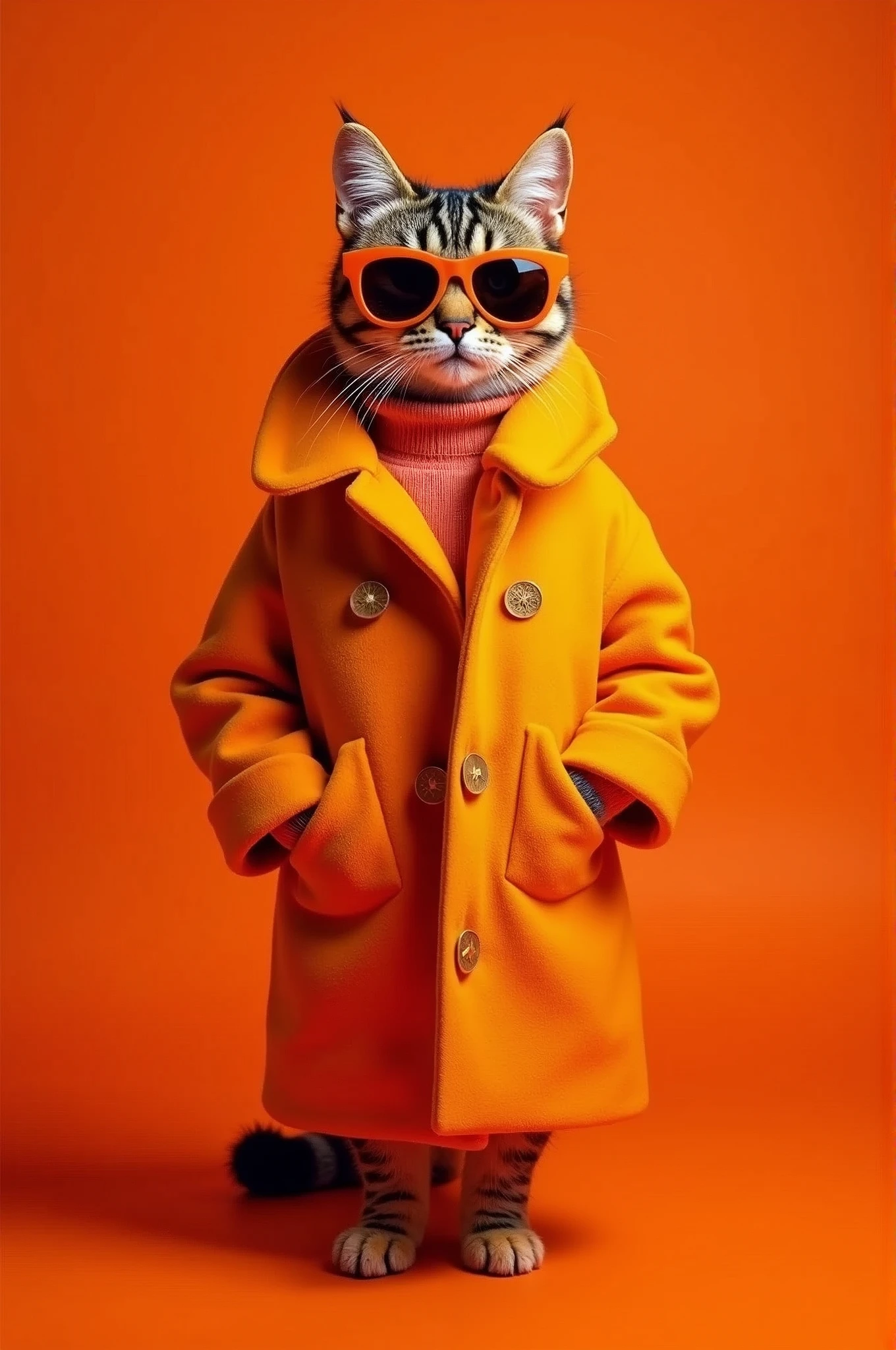 The best mobile wallpaper, Award-winning wallpaper, Portrait Photography, In front view is a portrait of a cute cat wearing 1960s mid-century space-age fashion, Side view shot, Shot with Canon EOS R5, Setting a stark contrast that accentuates the subject, Fluorescent orange shade, Wearing a very fashionable lounge coat and sunglasses are a hip 1960s style, Clothing all in one color, Beautiful background