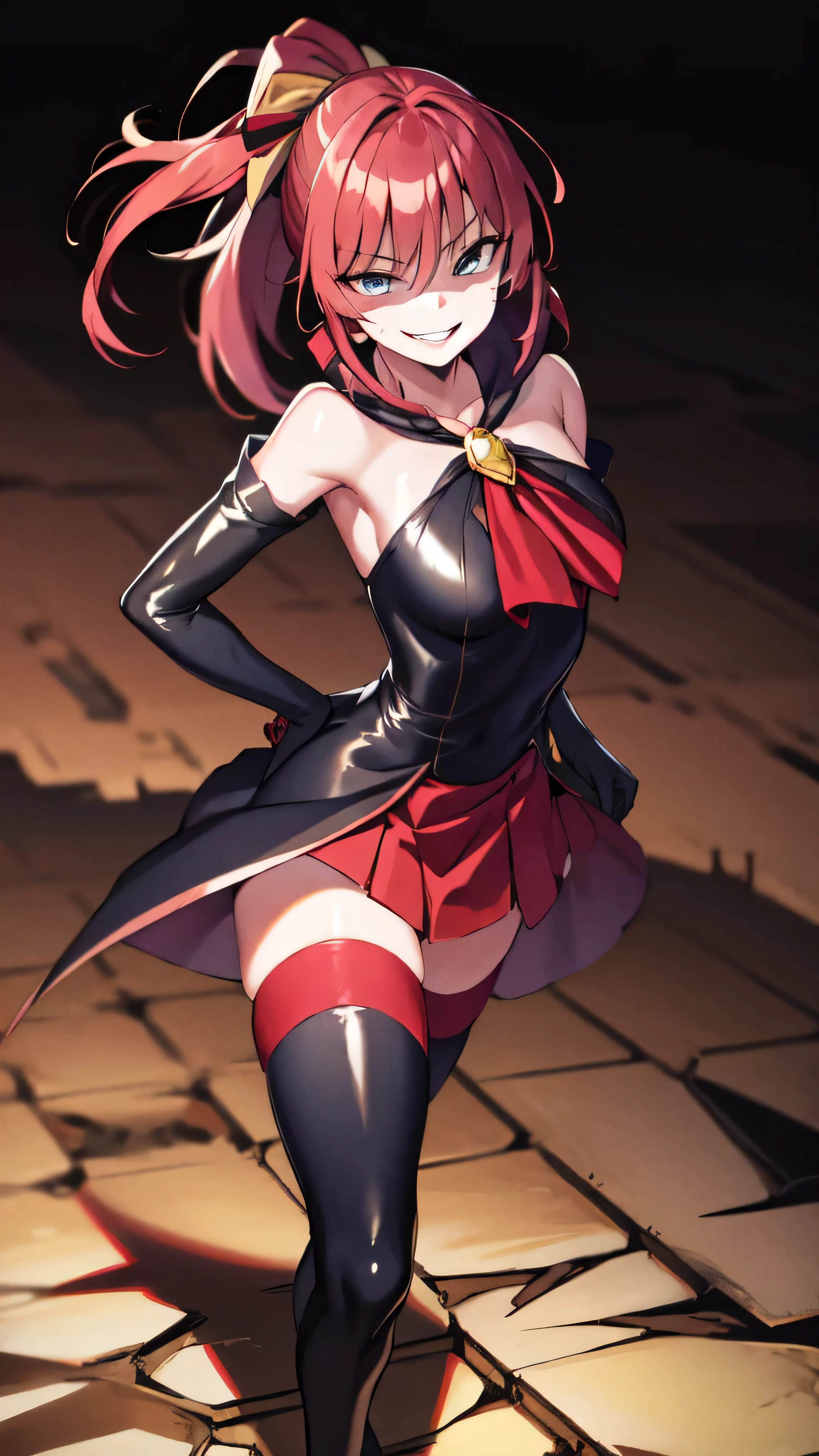 Highest quality, masterpiece, One Girl,Not beautiful, Red Ponytail, Long dress, brooch, Hair Ribbon,  Black knee socks, Standing on the rubble,  (Wicked Smile:1.1), ,,Dark shadowed face,Sadistic smile,Malice,Contempt,smile,latex,Bad face,,Red Skirt,two hands,Two legs,five fingers,evil background,elbow gloves,latex, Wicked Smile, devilish aura (Shiny fabric:1.5),Dark world background,solo,



