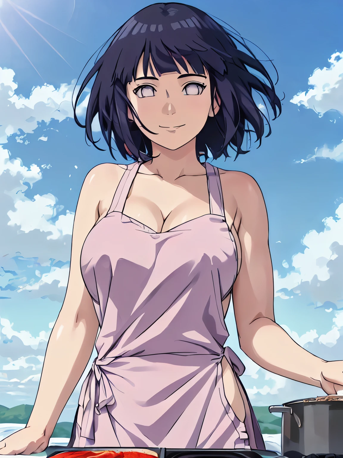 (hinata\(boruto\), (sfw, high quality, anime, cowboy shot, white apron, off-shoulders, little biceps, super detailed body, smile), ((cooking, stretching up), (medium-big breasts, cleavage), closed mouth), pale skin, ((floating hair, dark blue, short hair, hime cut، loose hair), (location: windy afternoon),
