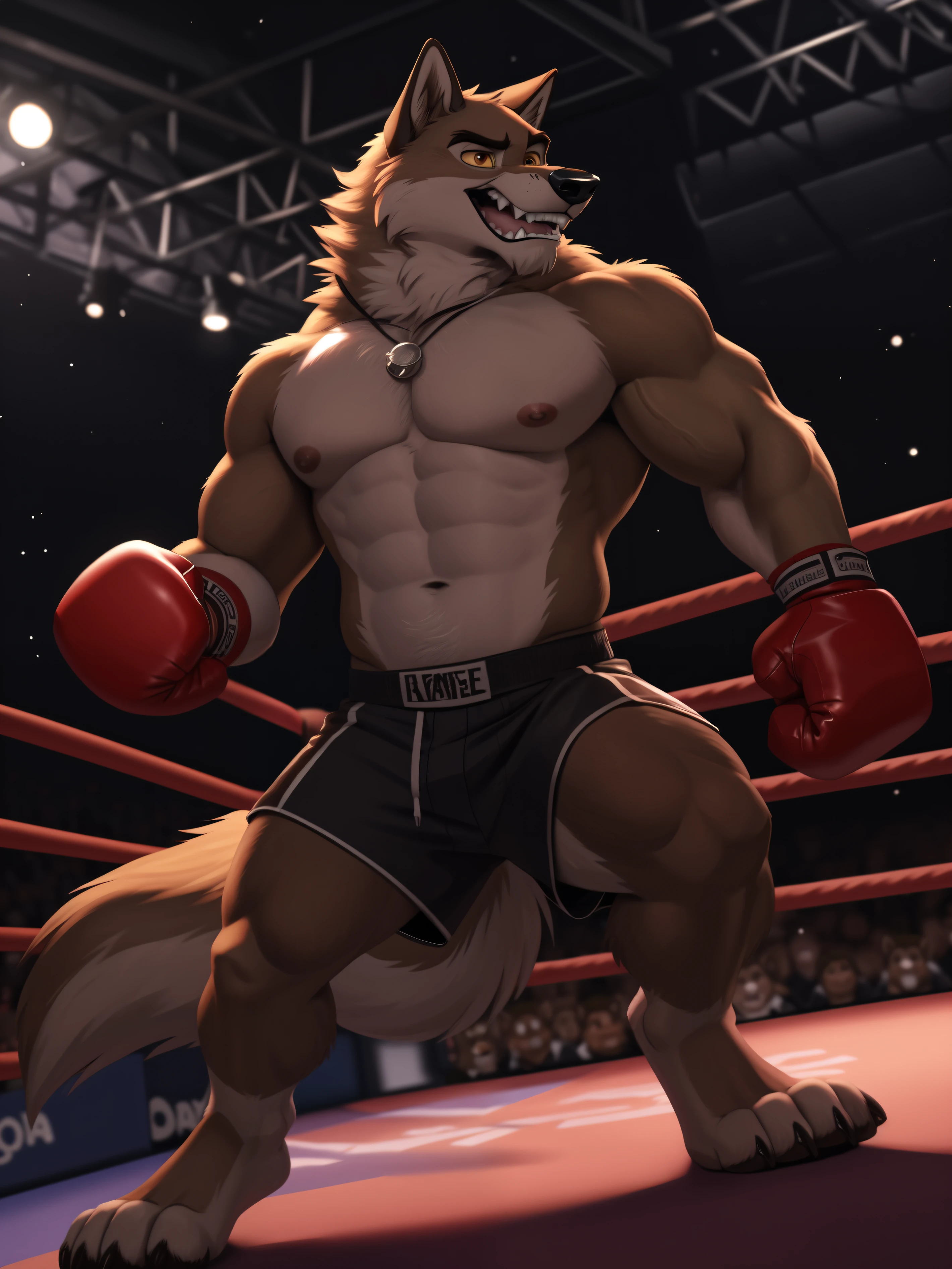 (baltowd), (balto), wolfdog, solo, 1boy, clenched_teeth ((rage expression)), baring teeth, realistic, anthropomorphic, (by personalami:0.5), (by unpopularwolf:1.1), (soft shading), 4k, hi res, 8k, detailed eyes, 8k eyes, eyes focus, orangish-brown eyes, yellow sclera, muscular, 5fingers, handsome, boxing ring, boxing gloves, lights on, crowd in background, boxing breifs, detailed_background, full view, ((fully body shown)), (feet shown), baltowd