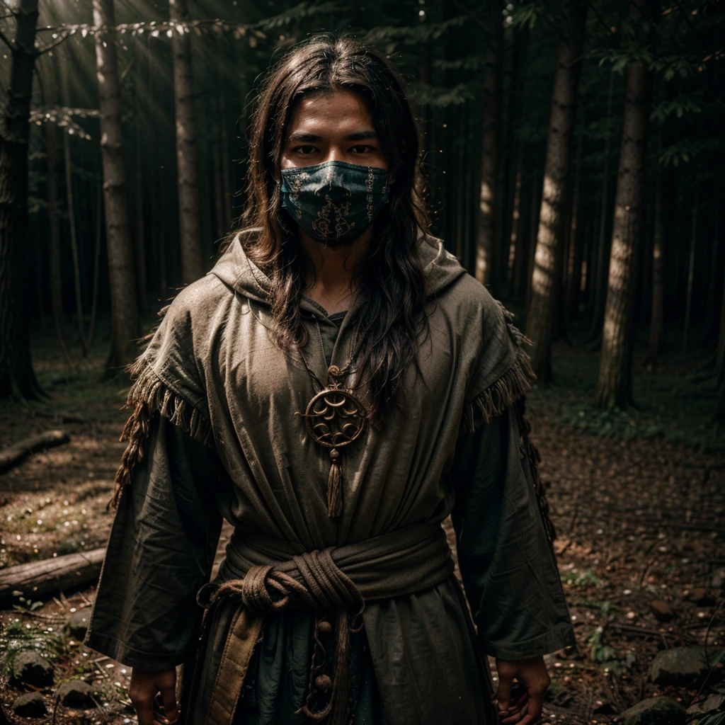 A man mystic shaman wearing a mask carved from ancient wood, covered in glowing runes, standing in a dark forest under the full moon, as he channels the spirits of the forest, the mask glowing with ethereal light, cinematic and mystical atmosphere, mystical light, featuring soft, surreal 8k, God's rays, puddles, mystical light, raw, film photography style, medium grain, 8k, High Quality, Intricately Detailed, Photography, Volumetric Lightingr, Close portrait, (lightroom:1.13), soft light, (natural skin texture:1.2), (hyperrealism:1.2), sharp focus, focused