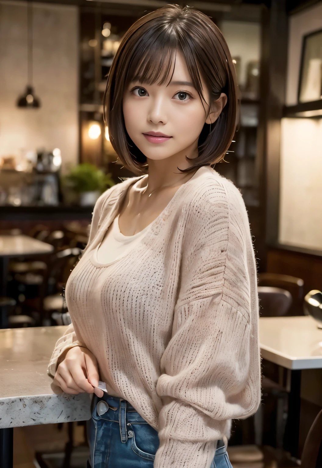 (((Cafe:1.3, indoor, Photographed from the front))), ((medium bob:1.3, pink knit, japanese woman, cute)), (clean, natural makeup), (highest quality, masterpiece:1.3, 超High resolution), (Super detailed, caustics), (realistic:1.4, RAW shooting), very detailed, High resolution, 16K resolution
