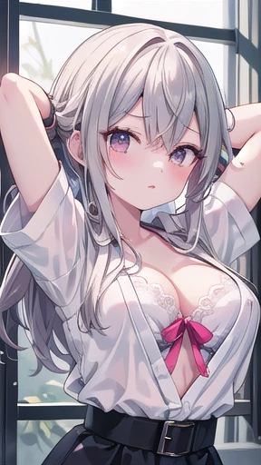 Busty anime girl posing in front of a window, ((Open your shirt wide and spread your arms wide)),((Bra exposed)), ((Shyly look away)), ((Upper Body)), (people々focus on)), Enchanting anime girl, Best anime 4k konachan wallpaper, Perfect white hair girl, Attractive anime girl, 4k anime wallpaper, 4K Manga Wallpapers,, Detailed digital anime art, Anime Best Girls, Beautiful Anime Girls, cyber punk, Detailed anime artwork, Beautiful and attractive anime women