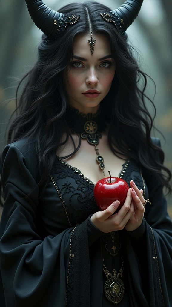 Girl,Black long hair，Black Queen，accessories，Apple in hand，Poison apples，Witch Queen