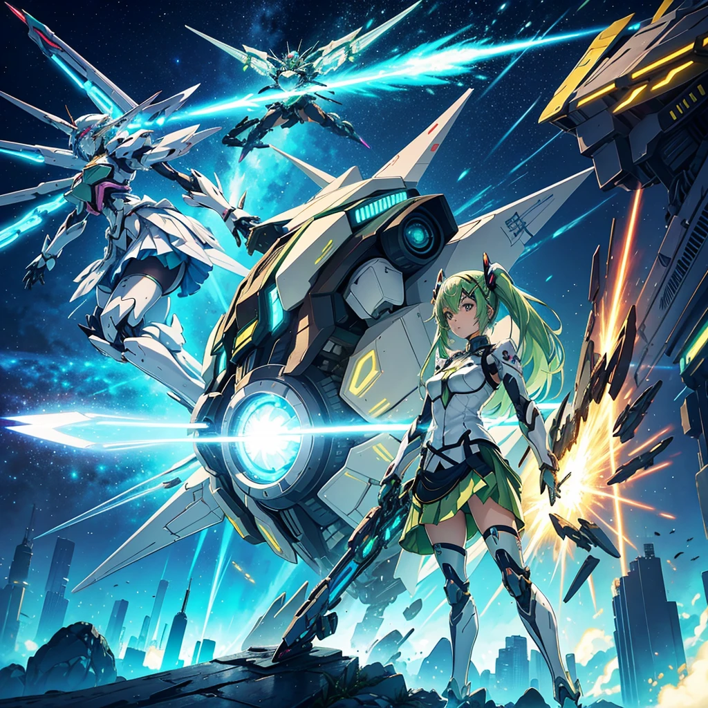 Anime style illustration of a girl with pastel green hair in aerial beam sword action. Made by FuturEvoLab, (X-ray style: 1.5), Detailed explanation, (Mecha flare type skirt: 1.5), This is a scene where a girl captures her movements. Aerial battles and performances that are dynamically composed of movement and intensity. Mechanical wings, futuristic mechs, extradimensional cyberpunk, glowing core reactors, etheric energy fields, bright colors, intricate details, movies