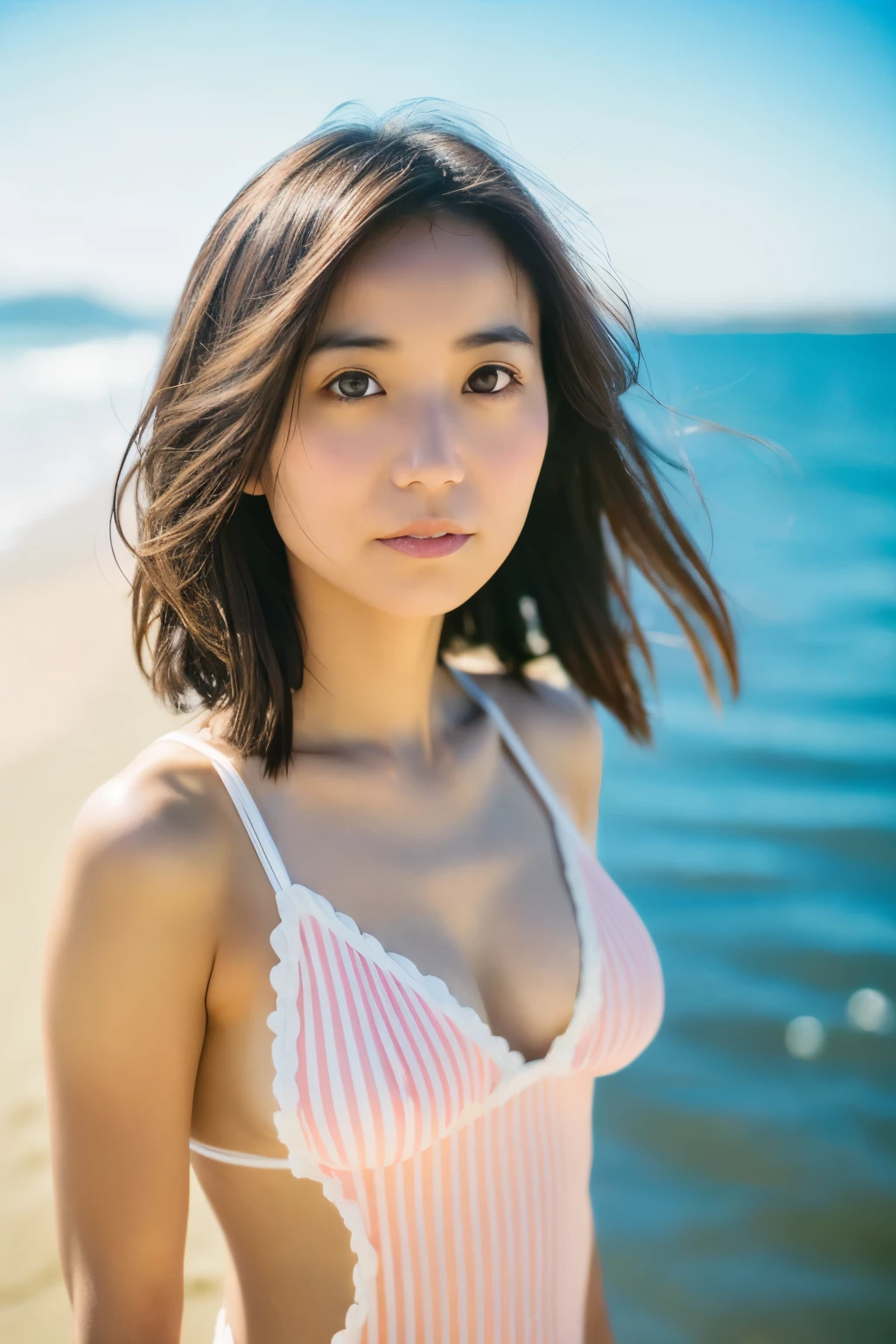 8k, highest quality, masterpiece, super high resolution, (realistic:1.4), RAW Photos, (Film Grain:1.3), One Girl, portrait of a skinny Japanese woman, 30 years old, standing on the beach, a cute face, detailed face, detailed eyes, {short|long} hair, correct body anatomy, wearing a swimsuit, photogravure
