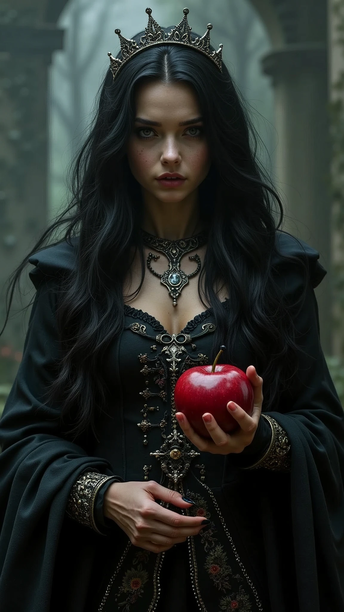 Girl,Black long hair,Black Queen,accessories,Apple in hand,Poison apples,Witch Queen