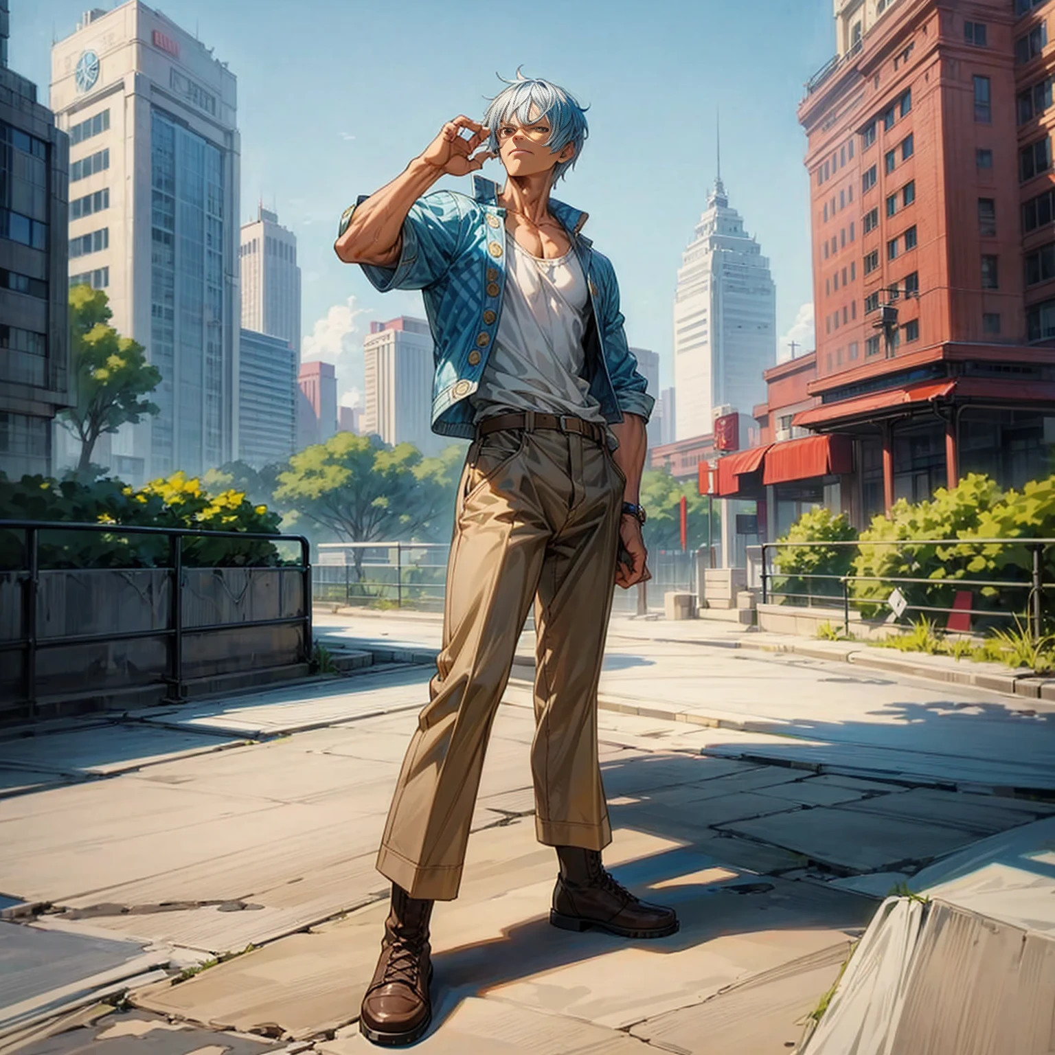 Solo character, old man, muscle, Full body version, blue half white colour hair, short haircut, casual outfit, brown trousers, boots, outdoor, park, city, sky blue, standing gesture, (one piece style art), detailed clothing, detailed hair, detailed background 