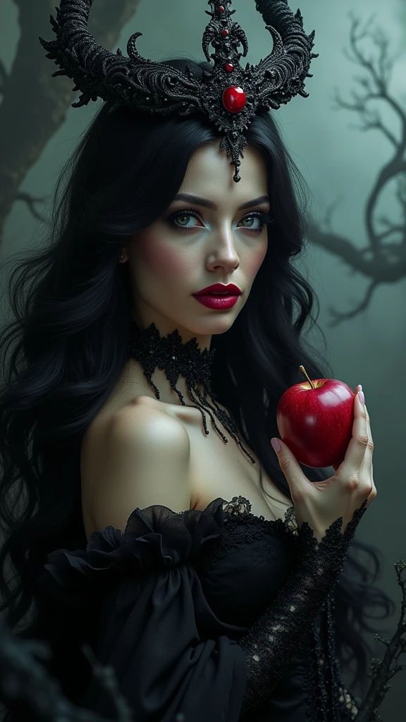 Girl,Black long hair，Black Queen，accessories，Apple in hand，Poison apples，Witch Queen，Red lipstick